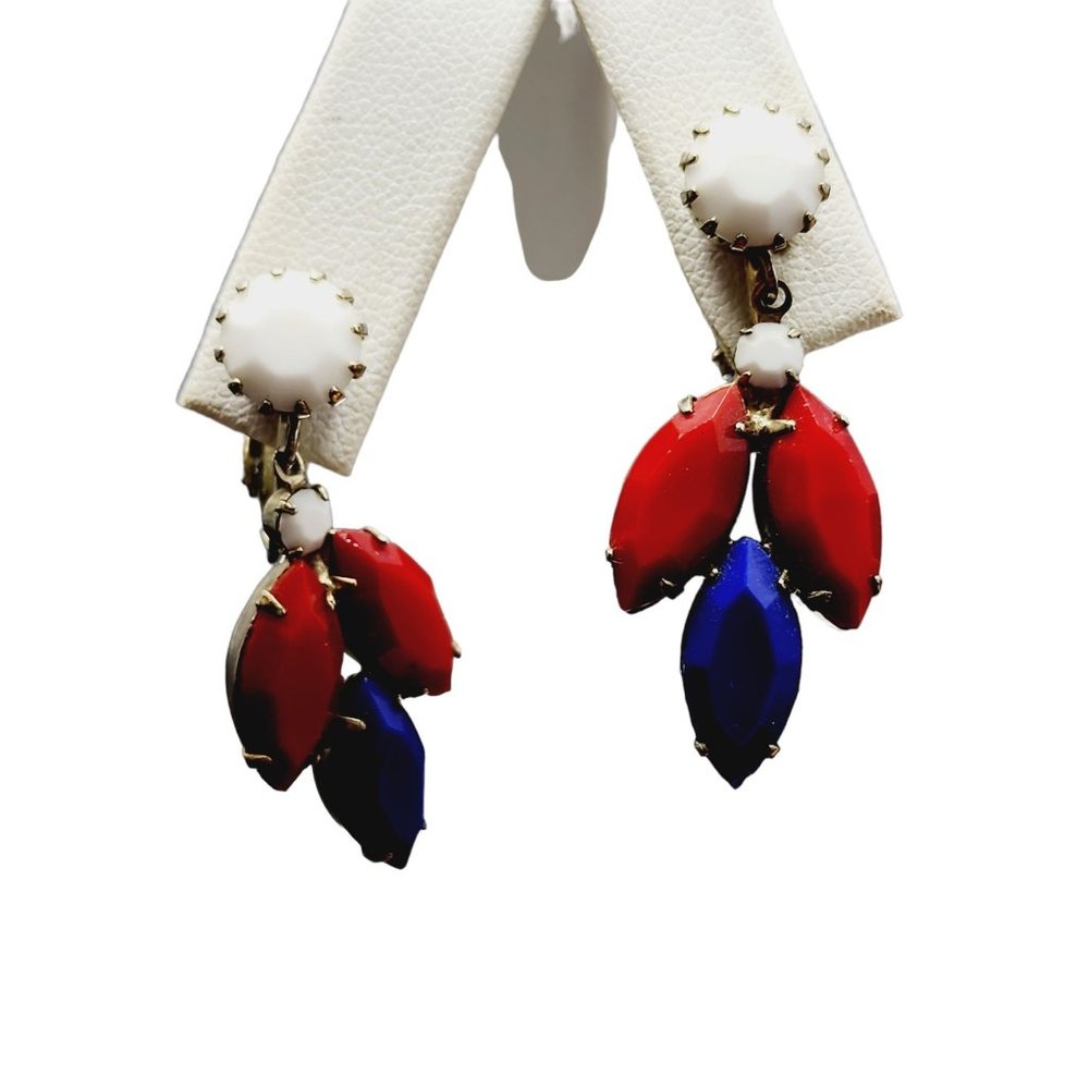 Vintage Patriotic Rhinestone Dangle Clip Earrings (A1882)
